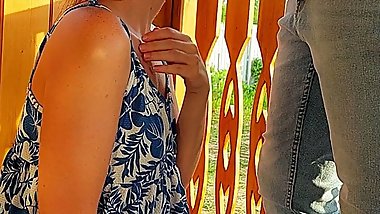 Sucked a dick to a stranger on a summer veranda with cum in mouth