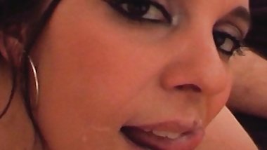 Big titted German slut in stockings loves eating cum from a big cock