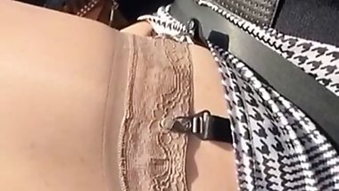 Lady Oups short dress stockings and suspender belt in car