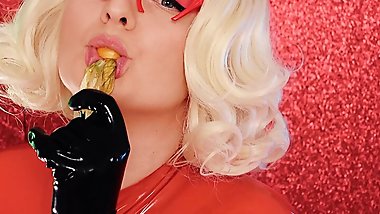 Mukbang ASMR Eating Chewing FOOD FETISH! Latex blonde in braces Arya Grander close up video mouth