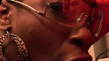 Chunky ebony with big tits enjoys double penetration during hard intense threesome sex