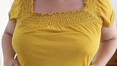 Shy Step Mom posing and stripping in tight shorts and tight yellow Shirt