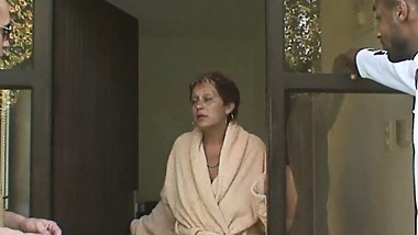 Old Grandma Takes Two Big Cocks From Both Sides